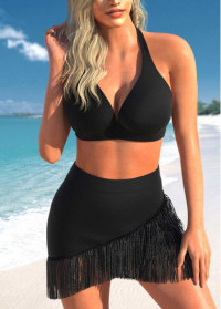 ROTITA Black Tassel Crossover Hem Mid Waisted Swim Skirt product