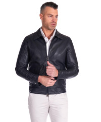Blue navy natural lamb leather biker jacket shirt collar product
