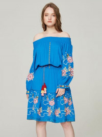 Boho Dress Embroidered Bateau Neck Long Sleeves Summer Dress product