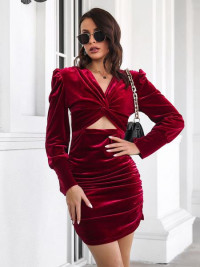Knotted Velour Casual V-Neck Long Sleeves Midi Dress product