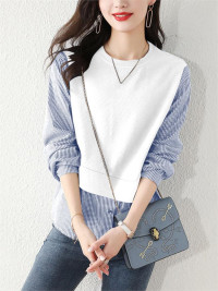 Stripe Panel Long Sleeve Crew Neck Fake Two Pieces Blouse product