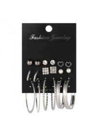 Silver Metal Rhinestone Detail Round Earrings Set product
