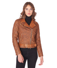 Tan belted lamb leather biker jacket croco effect product