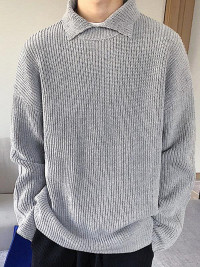 Mens Lapel Solid Color Pullover Knitting Sweater product