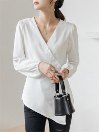 Asymmetrical Solid V-neck Button Front Long Sleeve Blouse product
