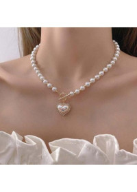 Heart Rhinestone Detail Silver Pearl Necklace product