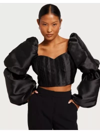 By Malina Hannah pouf sleeve cropped top Blusar med puffärm Black product