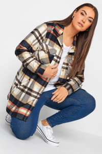Yours Curve Beige Brown Check Print Shacket, Women's Curve & Plus Size, Yours product