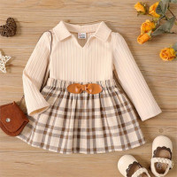 2pcs Baby Girl Solid Rib Knit Polo Neck Long-sleeve Top and Plaid Skirt Set product