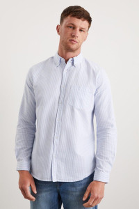 Mens White And Blue Long Sleeve Pocket Oxford Shirt product