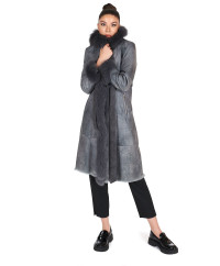 Grey rex rabbit fur coat with fox fur collar product