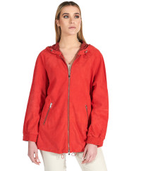 Red hooded suede leather jacket k-way style product