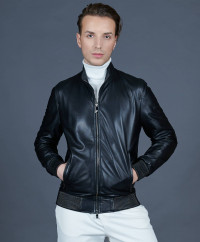Bomber jacket in black leather with canne embroidery product