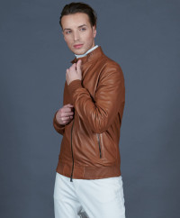 Bomber jacket in tan leather with canne embroidery product