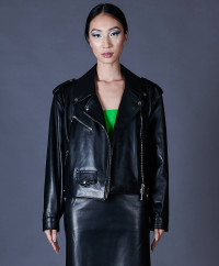 Black leather biker jacket short version product
