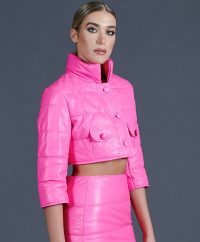 Fuchsia short quilted leather puffer jacket product