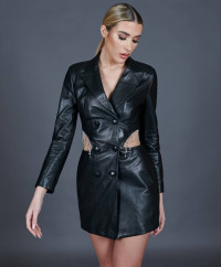 Black double-breasted leather dress with jewel chain product