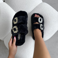Evelyn Black Faux Fur Diamante Slippers product