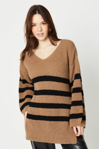 Womens V Neck Camel Stripe Soft Knit Jumper product