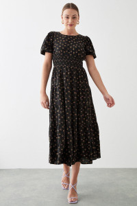 Women's Black Printed Tiered Shirred Waist Midi Dress - 18 product