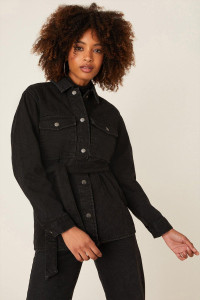 Women's Denim Quilted Belted Shacket - black - 18 product