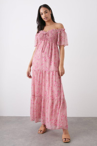 Women's Pink Floral Print Shirred Tiered Chiffon Bardot Maxi Dress - 12 product