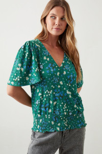 Women's Shirred Hem Angel Sleeve Wrap Top - green - S product