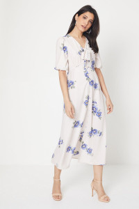 Women's Ivory Floral Tie Front Button Through Midi Dress - 10 product