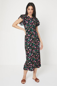 Women's Black Floral Print Ruffle Sleeve Empire Midi Dress - 8 product