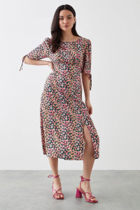 Women's Petite Pink Ditsy Ruched Sleeve Midi Dress - multi - 4 product