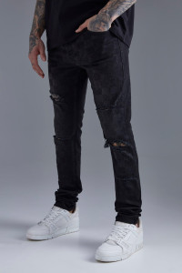 Mens Washed Black Skinny Stacked Jeans With Checkerboard Print product