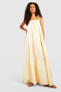 Tie Strap Square Neck Tiered Maxi Dress - Beige - 12 product