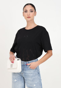 T-shirt da donna nera cropped in misto cotone fiammato product