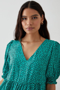 Women's Green Spot Print Shirred Cuff Smock Mini Dress - 10 product
