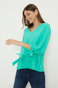 Women's Tie Sleeve V Neck Blouse - green - 14 product
