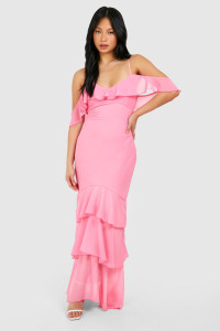 Petite Cold Shoulder Ruffle Hem Chiffon Maxi Dress - Pink - 16 product