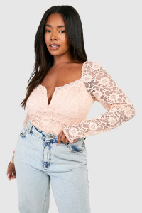 Plus Lace Puff Sleeve Corset Top - Pink - 20 product