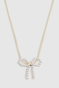 Delicate Gold Pearl Detail Bow Necklace - White - ONE SIZE product