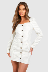 Linen Look Mono Stripe Square Neck Mini Dress - White - 16 product