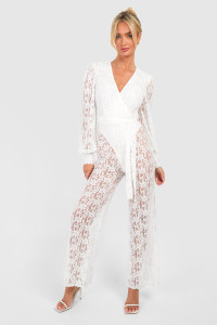 Lace Long Sleeve Jumpsuit - White - 16 product