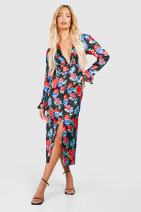 Plunge Floral Flare Sleeve Midaxi Dress - Black - 18 product