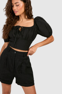 Linen Rouched Milkmaid Top - Black - 16 product