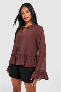 Tie Detail Chiffon Smock Blouse - Brown - 10 product