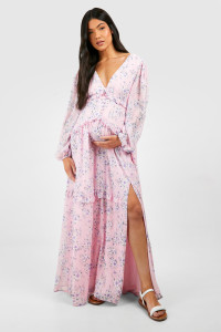 Maternity Floral Print Side Split Maxi Dress - Pink - 16 product
