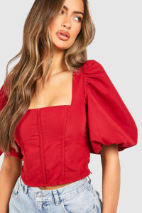 Puff Sleeve Square Neck Corset - Red - 14 product