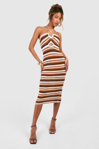 Tonal Stripe Crochet Halterneck Dress - Brown - M product