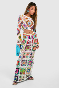 Premium Patchwork Crochet Maxi Skirt - White - M product
