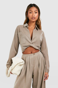 Linen Look Relaxed Fit Twist Front Shirt - Beige - 8 product