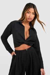 Linen Look Relaxed Fit Twist Front Shirt - Black - 12 product