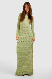 Crochet Flare Sleeve Tie Back Knitted Maxi Dress - Green - 16 product